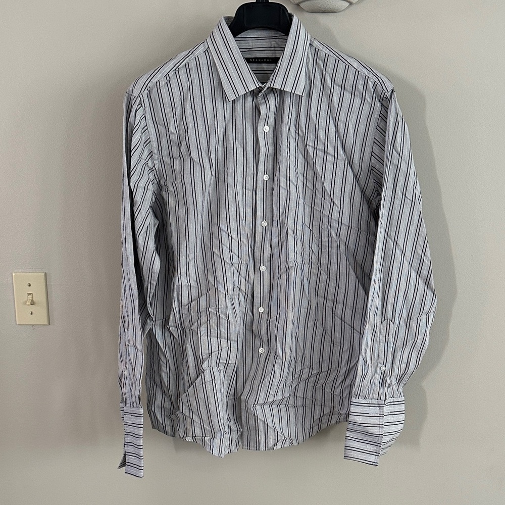 Sean John Black Gray and White Striped Dress Shirt made for cuff links
